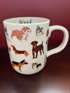 NWT Mainstays Dog Breed “Woof” Stoneware Mug – White with Multicolor Dog Design